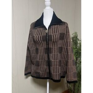 Anne Klein Houndstooth Knit Zip Up Cardigan‎ Long Sweater AK Gold Womens XL